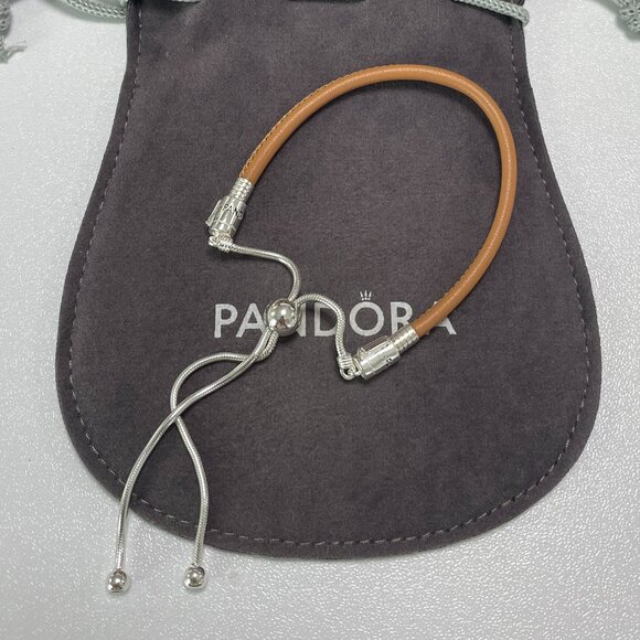 Pandora Moments Golden Tan Leather Slider Bracelet, Clear Cubic Zirconia - Picture 2 of 3